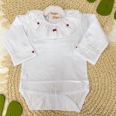 Body Branco com Gola Bordada e Rendada Flores Vermelhas Body Branco com Gola Bordada e Rendada Flores Vermelhas